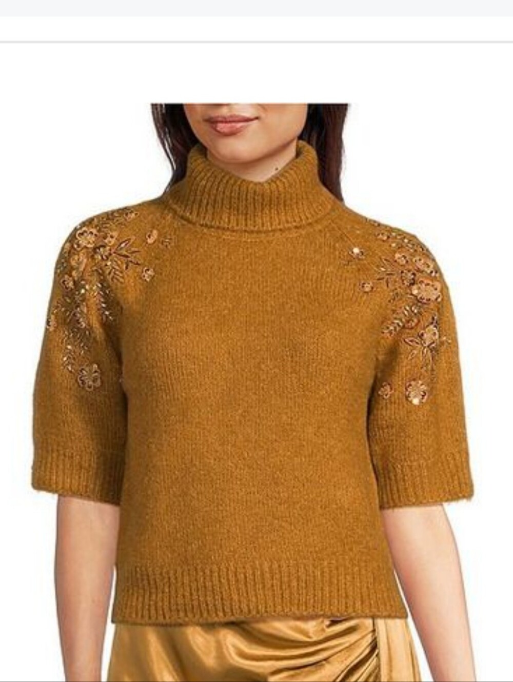 Marchesa Mustard Embellished Short-Sleeve Turtleneck Sweater